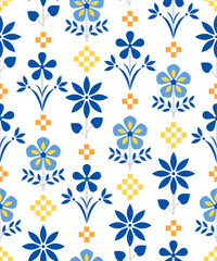モザイクタイル風のシームレスなイラスト　花　ブルー＆イエロー