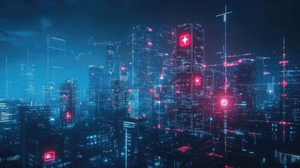 A futuristic city skyline with digital overlays of medical and financial data, highlighting the integration of technology in global life and health insurance industries