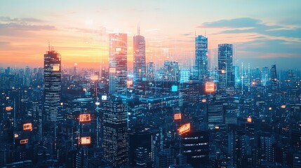 Obraz premium A futuristic city skyline with digital overlays of medical and financial data, highlighting the integration of technology in global life and health insurance industries