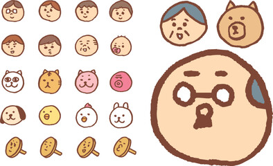 人や動物や画鋲などの顔の面白かわいいアイコン © Tossan
