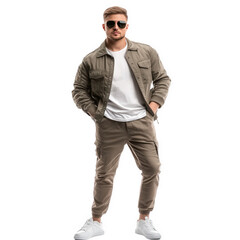 Fototapeta premium Man In Casual Outfit Wearing Aviator Sunglasses On Transparent Png Background For Casual Style Advertisements . Generative ai