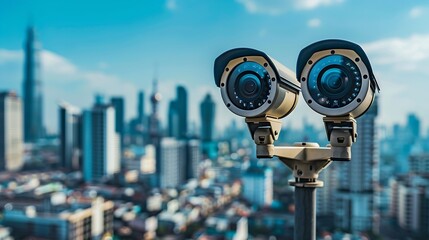 Group of IP CCTV camera were installed on the post for monitor people in the urban city by security system concept with blue sky and city scape background copy space : Generative AI