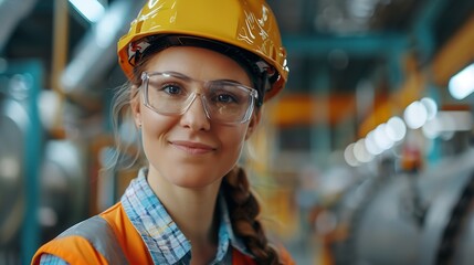 Portrait woman engineer examining production smiling factory inspection process Happy professional glasshouse worker checking safety thinking about industry Manufacture engineering job : Generative AI