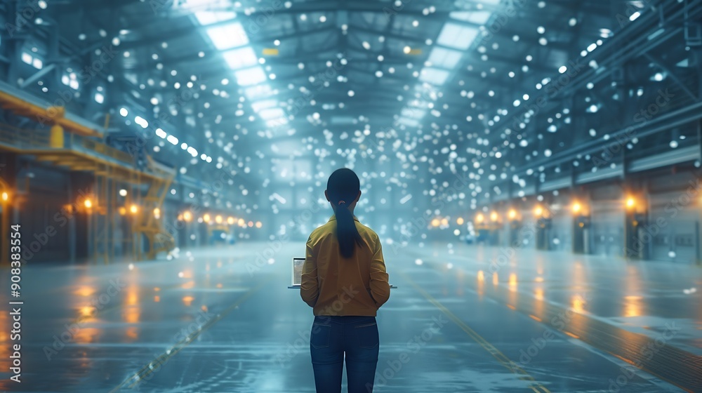 Poster Industry 40 Modern Warehouse Female Engineer in Empty Warehouse Uses Digital Tablet Computer with Augmented Reality Software for Future Factory or Warehouse Layout Concept Shot of Augm : Generative AI