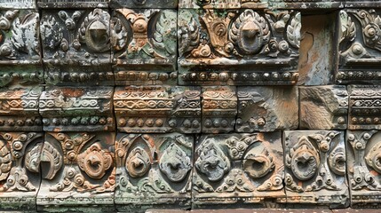 A close up of stone carvings on an ancient temple wall.