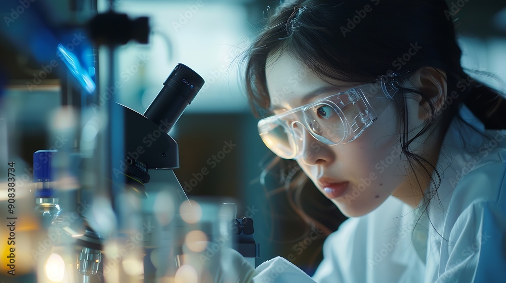 Aufkleber scientist analyze biochemical samples in advanced scientific laboratory medical professional use mic
