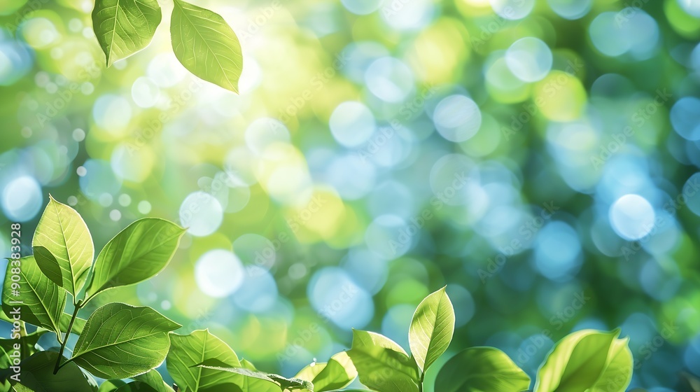 Aufkleber summer background of blue and green blurred foilage and sky with bright bokeh blurry abstract summer