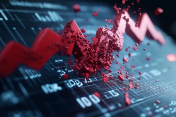An abstract representation of declining market trends with a broken red graph, symbolizing economic distress and financial crisis.