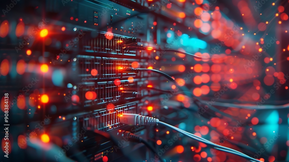 Poster blur technology data center room defocus fiber optic cable and network router switch in data center room for background and wallpaper : Generative AI