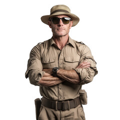 Fototapeta premium Man In Safari Outfit Wearing Polarized Sunglasses On Transparent Png Background For Outdoor Look Advertisements . Generative ai