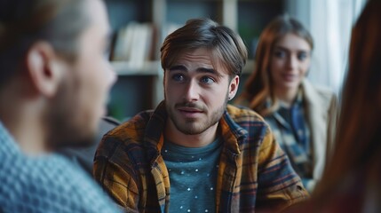 Obraz premium Young couple talking about marriage problems sitting at family therapist office during therapy session Male psychologist listening his patients trying to find solution Mental health co : Generative AI