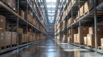 Obraz premium Rows of shelves with boxes Interior of warehouse : Generative AI