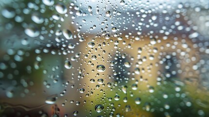 Rain drops on window glass close up background texture View on rainy street town from home : Generative AI