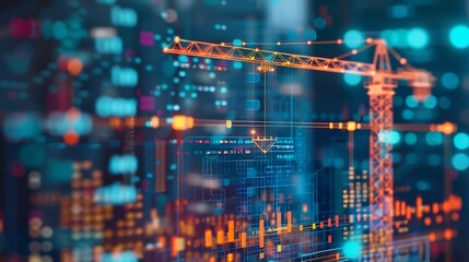 Image of financial data processing over crane and construction site global development business finance digital interface and data processing concept digitally generated image : Generative AI
