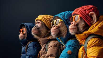 Close-up of stylish apes with expressive faces, for magazine covers or posters.