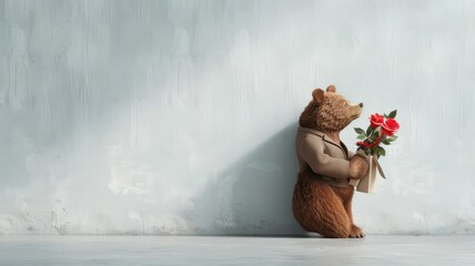 Photorealistic brown bear in tailored suit holding roses against a white background.
