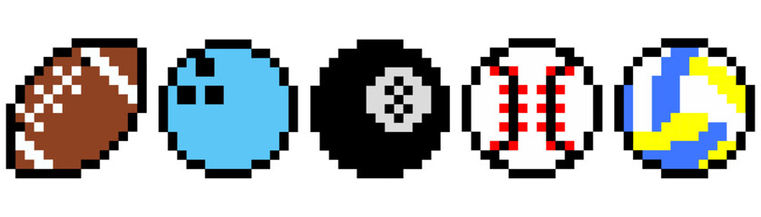 set of pixel balls, american football, bowling, billiard, baseball, volley ball, Sport balls