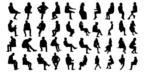silhouette of sitting people man woman, men women Vector silhouettes of men women, a group of sitting on a bench chair business people, profile, black color isolated on white background	