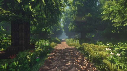 A path through a lush green forest, rendered in a pixelated style.