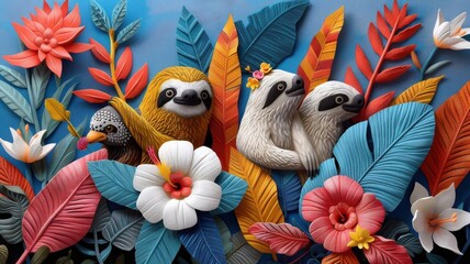 Fototapeta premium Sloths in kaleidoscopic outfits slowly navigating a jungle gym.