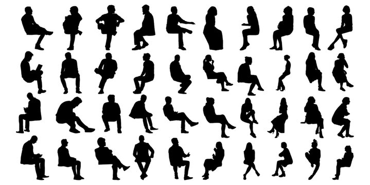 silhouette of sitting people man woman, men women Vector silhouettes of men women, a group of sitting on a bench chair business people, profile, black color isolated on white background	