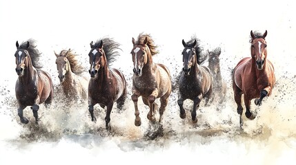 8 Horses running show speed and power, movements water color, High Resolution HD Ultra Sharpness No Alphabet No blur No spash No dust No grunge
