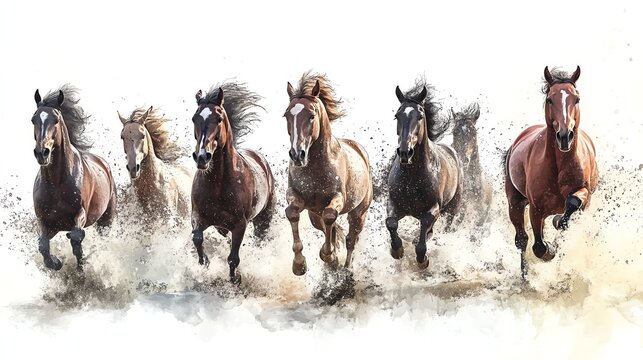 8 Horses running show speed and power, movements water color, High Resolution HD Ultra Sharpness No Alphabet No blur No spash No dust No grunge