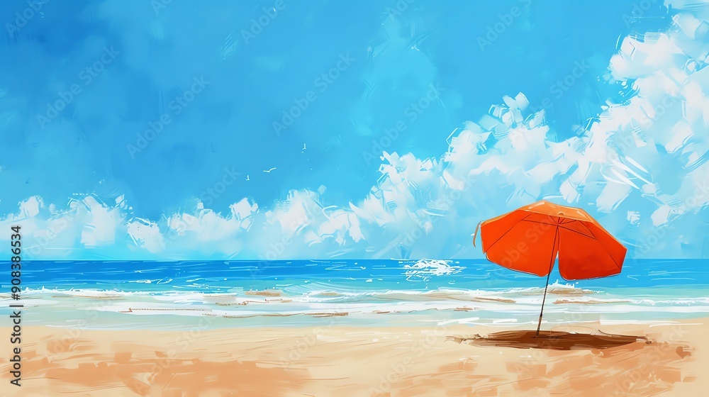 Wall mural A painting of a beach scene with a single orange umbrella on the sand.