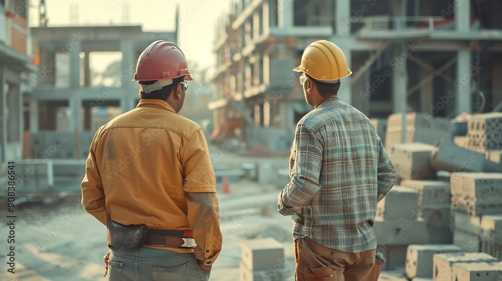 Poster Engineer and foreman worker checking project at precast factory site Engineer and builders in hardhats discussing on construction site : Generative AI