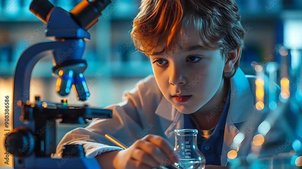 Aufkleber Composition of boy using microscope in science class with blue blurred copy space to right education and science research concept digitally generated image : Generative AI