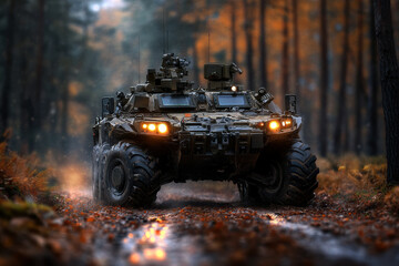 Fototapeta premium A military vehicle is driving through a forest in the rain. The vehicle is large and has a lot of equipment on it. Scene is intense and serious