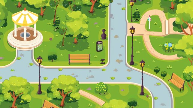 A cartoon illustration of a park, viewed from above.