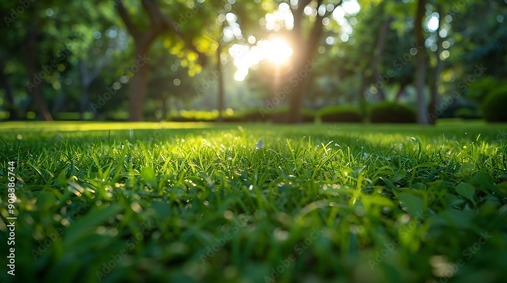 Poster blurred photogreen tree background view of the wild grass lawn light sky : generative ai