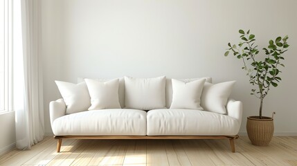 A white sofa with pillows in a minimalist living room.