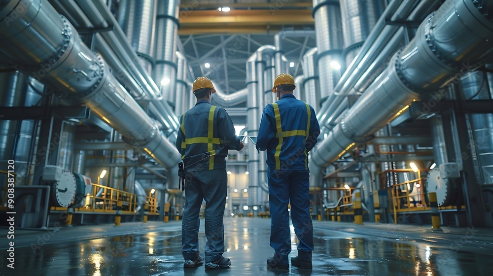 Aufkleber heavyduty industrial engineers stand in a pipeline manufacturing facility using digital tablet compu