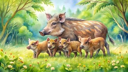 A Symphony of Spots: A Watercolor Portrait of Wollschweine Nursing in a Lush Meadow  generative AI