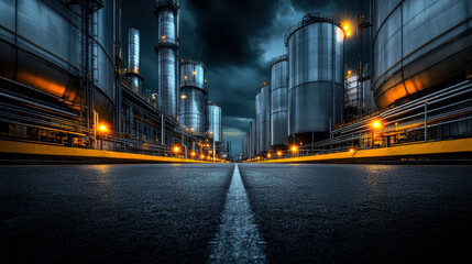 Naklejka premium A city skyline with a large industrial area. The sky is dark and cloudy