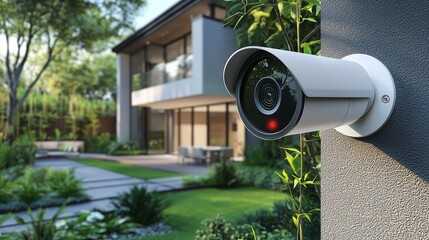 White cylindrical CCTV camera with red recording light mounted on a wall in a modern residential garden, overlooking a luxurious home surrounded by greenery