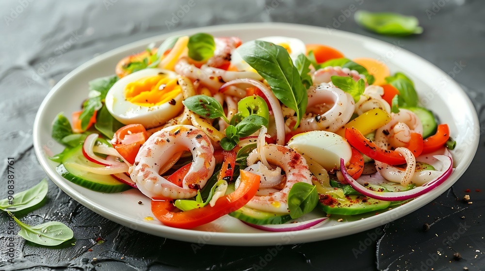 Poster Healthy salad with squid and avocado on white plate with harsh shadows Calamari salad with vegetables and eggs on white background with shadows of leaves Summer food menu : Generative AI