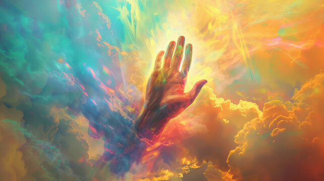 A digital illustration of Jesus Christ's hand reaching out, representing compassion and healing, surrounded by a radiant aura, background of soft clouds and light beams - Powered by Adobe