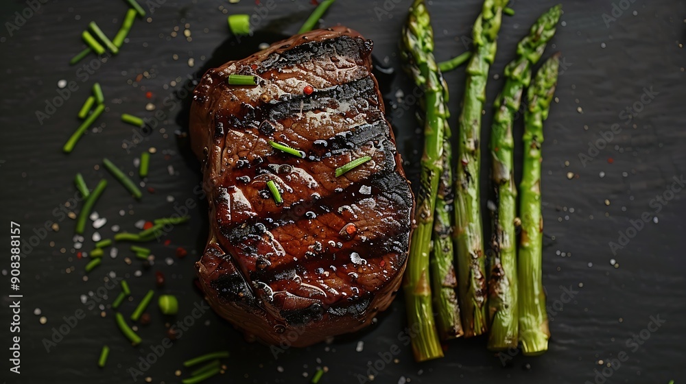 Poster grilled fillet mignon steak with roasted asparagus black background top view : generative ai