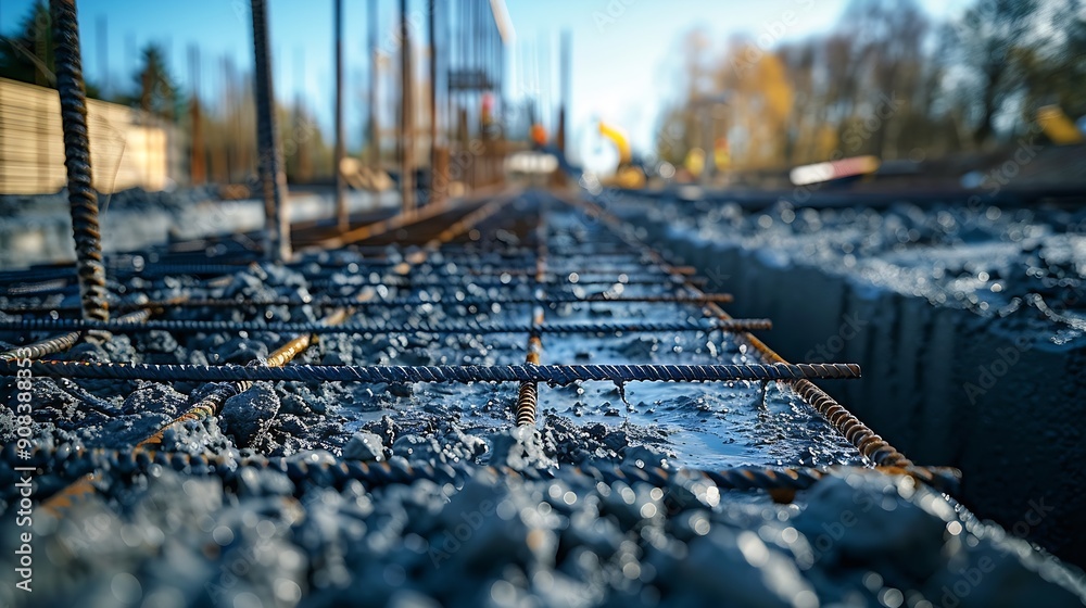 Poster large reinforced concrete structures at the construction site preparation for the installation of re