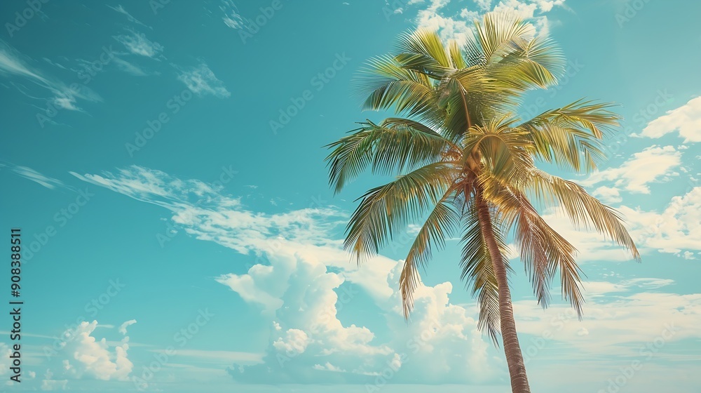 Poster palm tree on tropical beach with blue sky and white clouds abstract background copy space of summer 