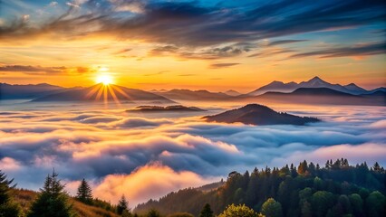 Naklejka premium Serene Sunset Over a Mountain Range with a Misty Veil Generative AI