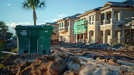 Concrete shells of bilevel townhouses under construction with a green dumpster in front in a suburban residential development on a sunny morning in southwest Florida : Generative AI