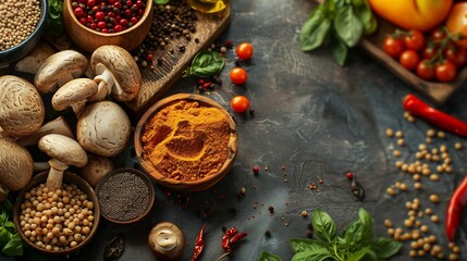 Asianstyled raw vegan food grain seeds vegetables mushrooms and fish hot and spicy Top view panorama banner with copy space : Generative AI