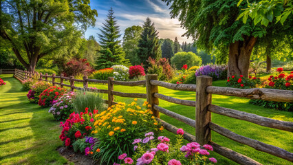 Rustic wooden fence surrounds a lush green yard with vibrant flowers and a few trees, creating a serene and peaceful backyard atmosphere.