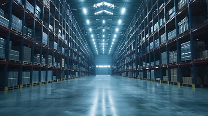 Interior of Empty Big Huge Warehouse New Large Scale Distribution Warehouse with High Empty Shelves : Generative AI