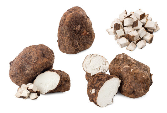 traditional Chinese medicine some fresh poria cocos and cut poria on white background.