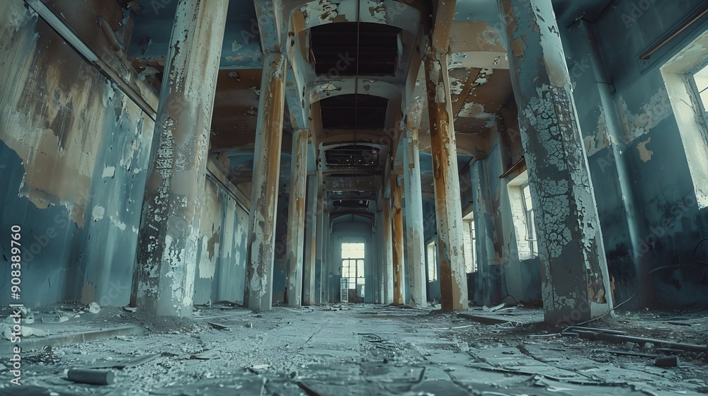 Poster interior industrial corridor in abandoned factory construction and architecture : generative ai